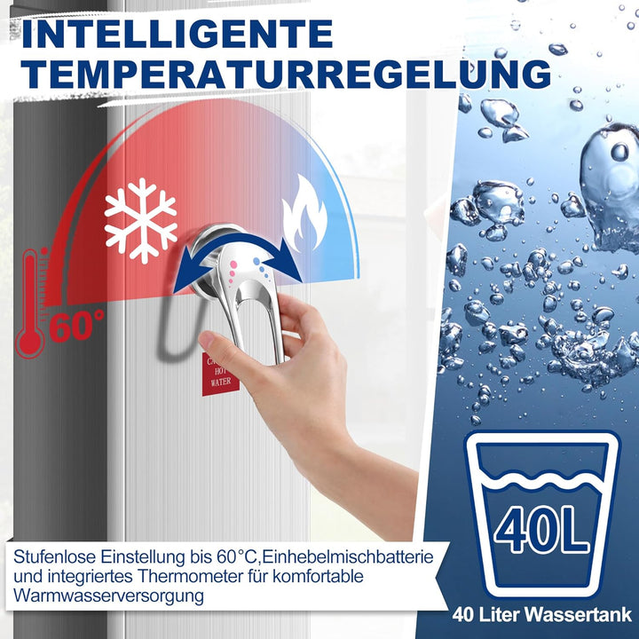 AufuN Solardusche Gartendusche 40L mit Chrom & Edelstahl, Warmwasser bis 60°C ohne Strom, 15cm Dusch