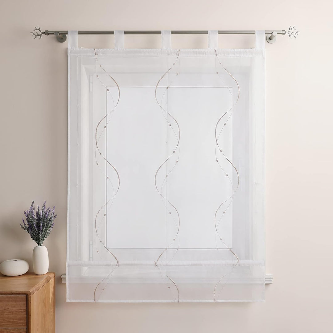 Heichkell Raffrollo mit Schlaufen Voile Tranparent Vorhang Bestickt Modern Raffgardine für Küche Woh