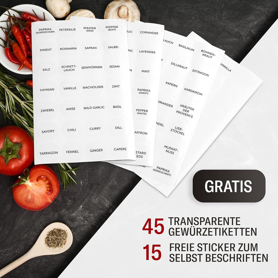 Vomeno® 12er Set Gewürzgläser mit Edelstahl Aroma-Deckel – Hochwertige Gewürzdosen für Gewürze & Krä