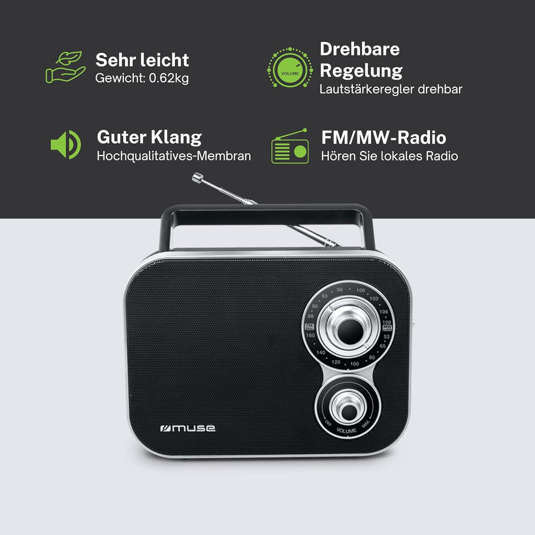 Muse M-051R tragbares Retro-Radio, UKW und MW, Netz- und Batteriebetrieb, Teleskopantenne, AUX-In, s