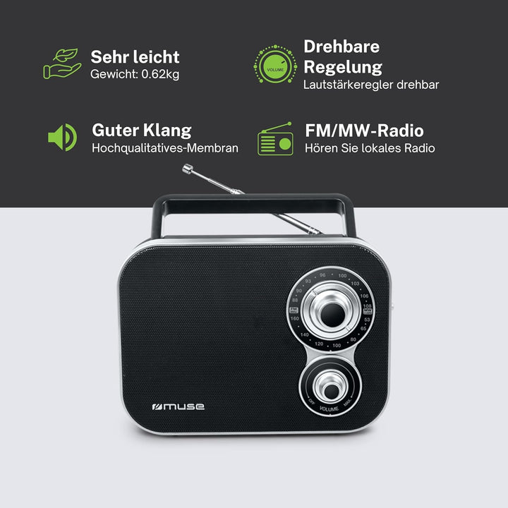 Muse M-051R tragbares Retro-Radio, UKW und MW, Netz- und Batteriebetrieb, Teleskopantenne, AUX-In, s
