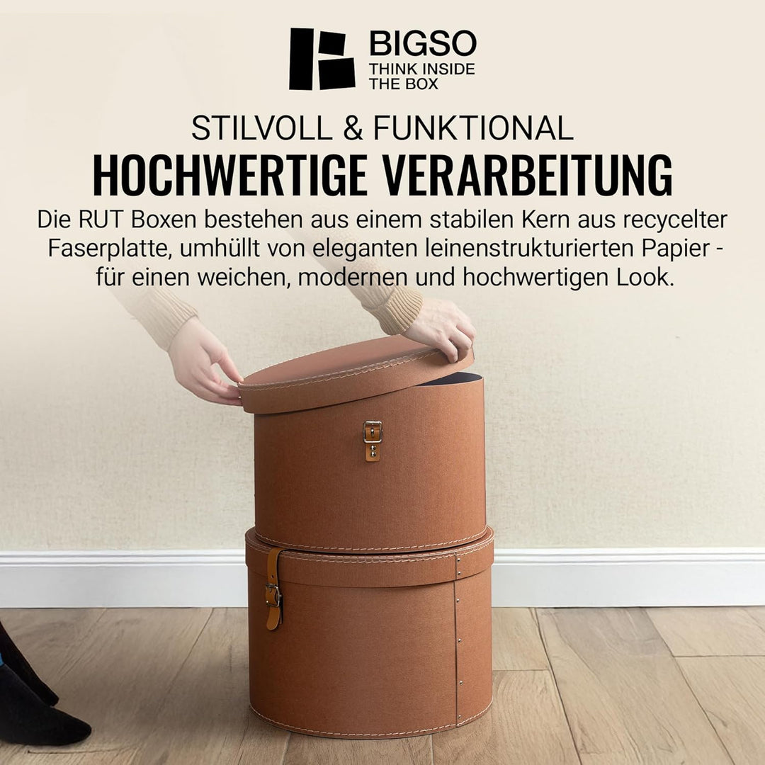 BIGSO RUT 2er-Set Aufbewahrungsbox mit Deckel – runde Ordnungsbox mit Lederriemen – grosse und klein