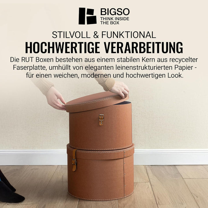 BIGSO RUT 2er-Set Aufbewahrungsbox mit Deckel – runde Ordnungsbox mit Lederriemen – grosse und klein