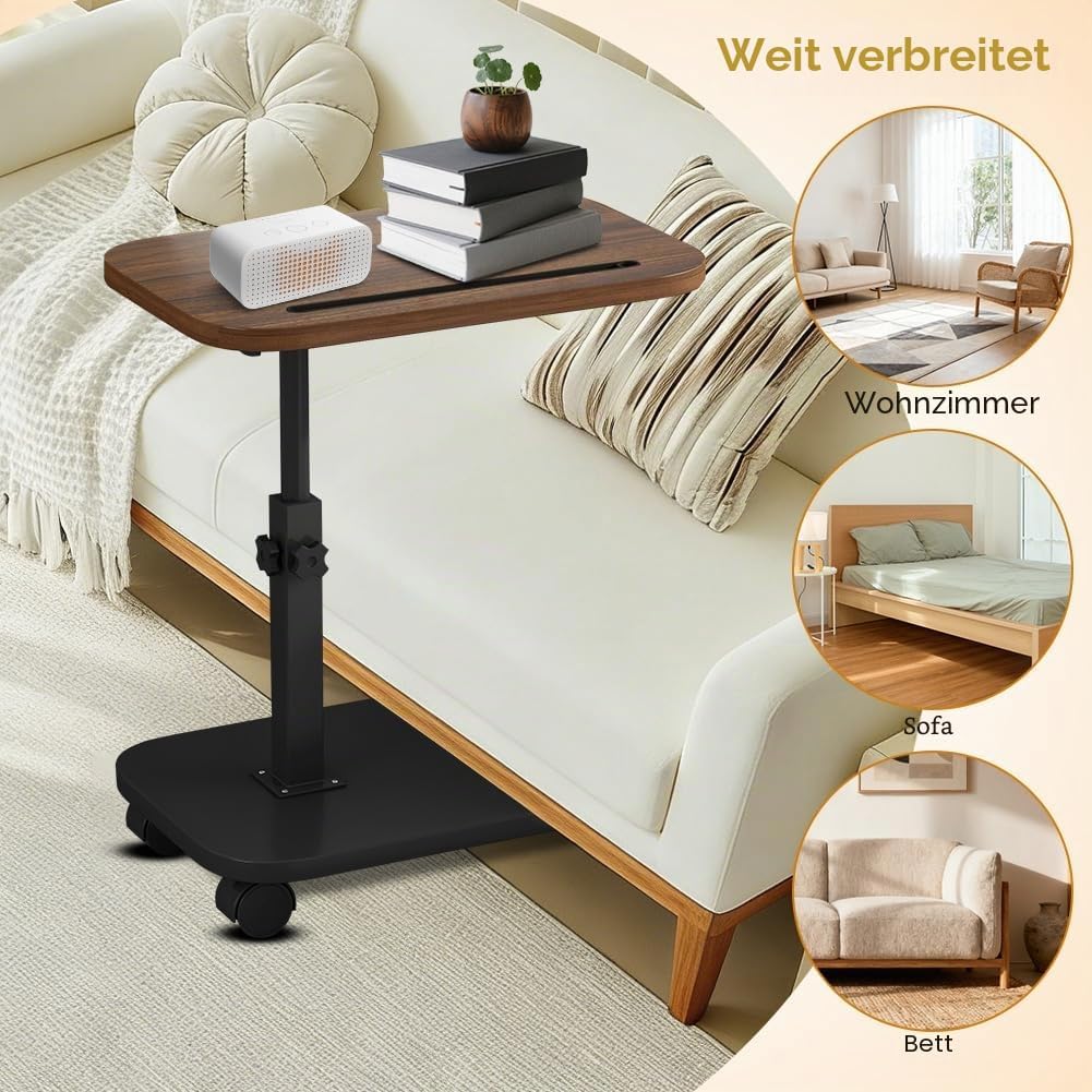 Beistelltisch mit Rollen, 360° Drehbarer Beistelltisch C Form und Höhenverstellbar Sofatisch, Coucht