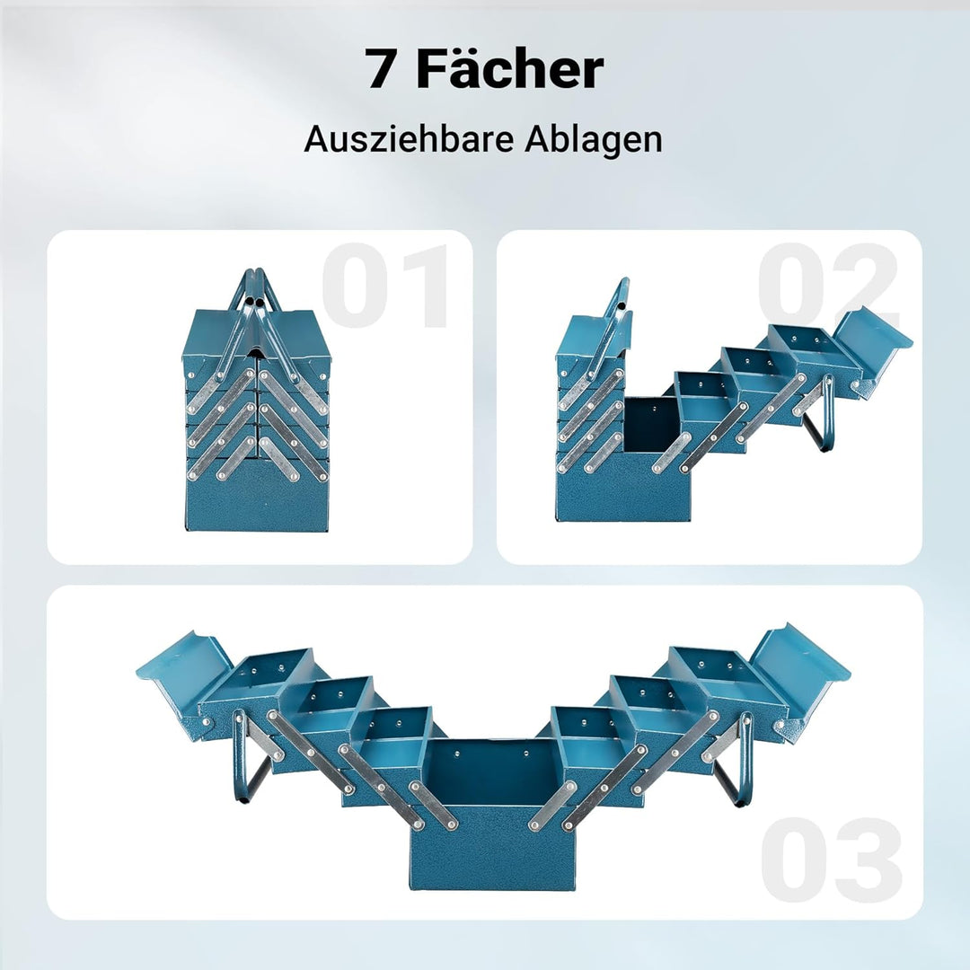 Wiltec Werkzeugkiste 530x200x250mm aus Stahl mit 7 Fächern, beständiger Werkzeugkasten mit Handgriff