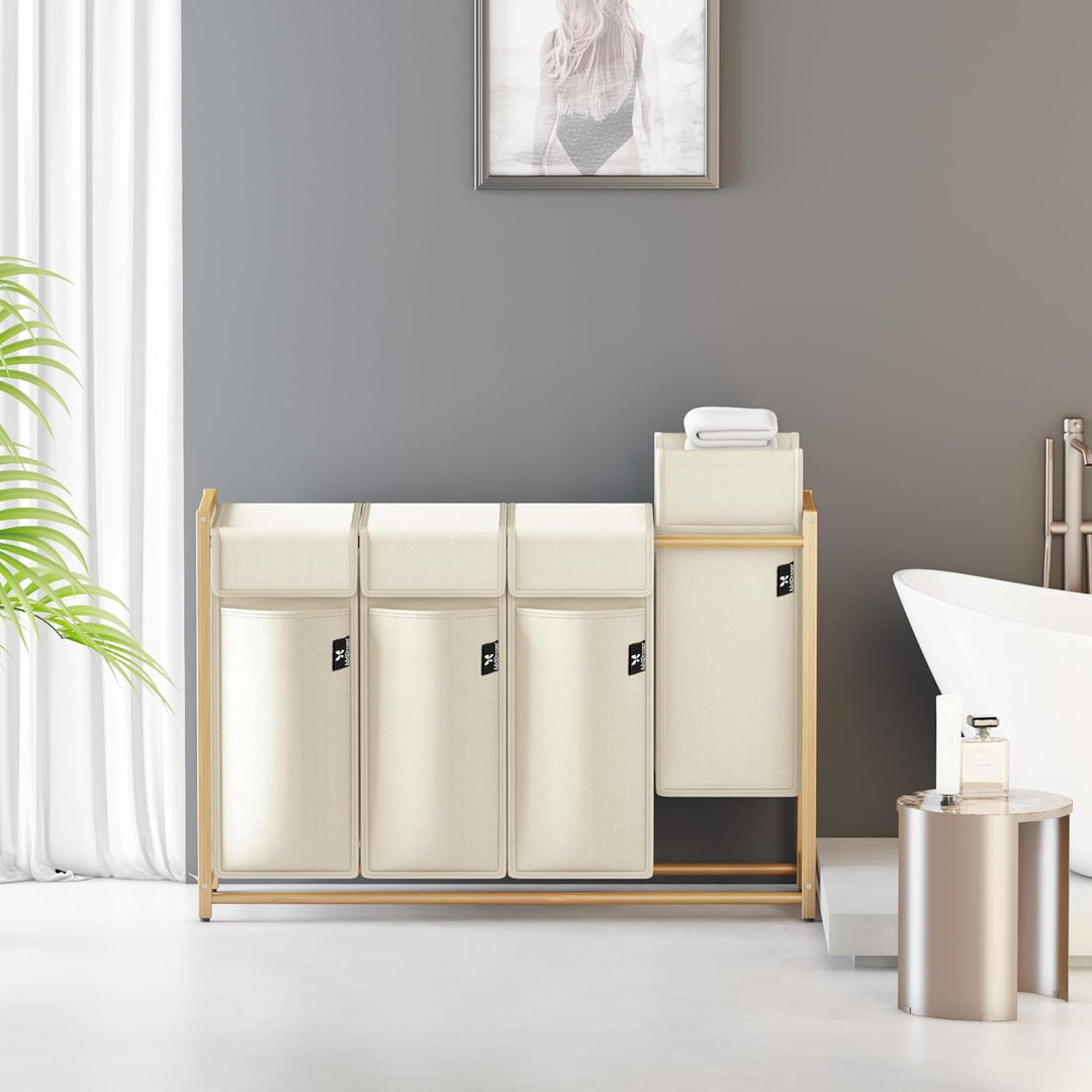 AdelDream Wäschekorb 200L – Bambus Wäschesortierer mit 4 Fächern, abnehmbarer & atmungsaktiver Wäsch