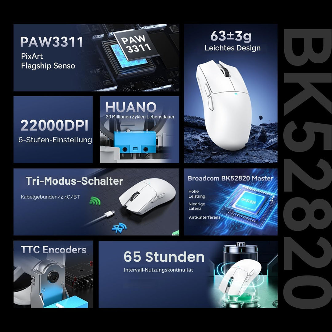 ATTACK SHARK X11SE Kabellose Gaming-Maus, 63g Superleicht, mit PixArt PAW3311-Sensor, 22000 DPI, Tri
