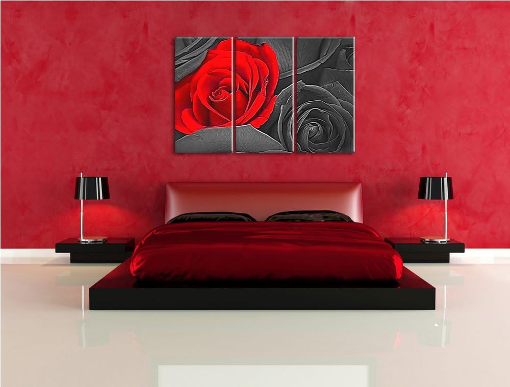 romantische rote Rosen schwarz/weiss Deluxe 3-Teiler Leinwandbild 120x80 Bild auf Leinwand, XXL ries