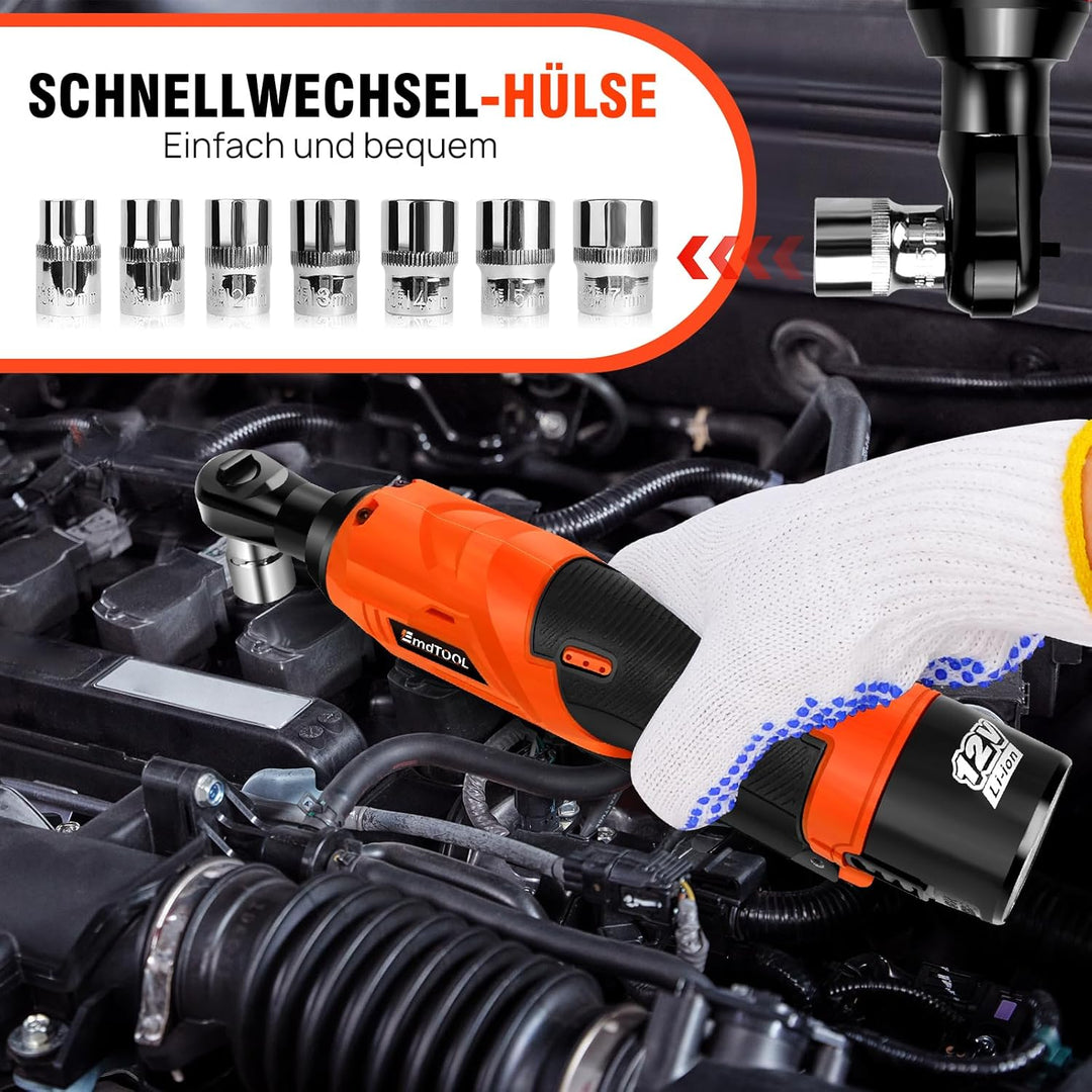 12V Akku Ratschenschlüsse 3/8 Zoll, 40Nm Elektrischer Ratschenschlüssel 2 x 1500mAh Akku, 7 Steckdos