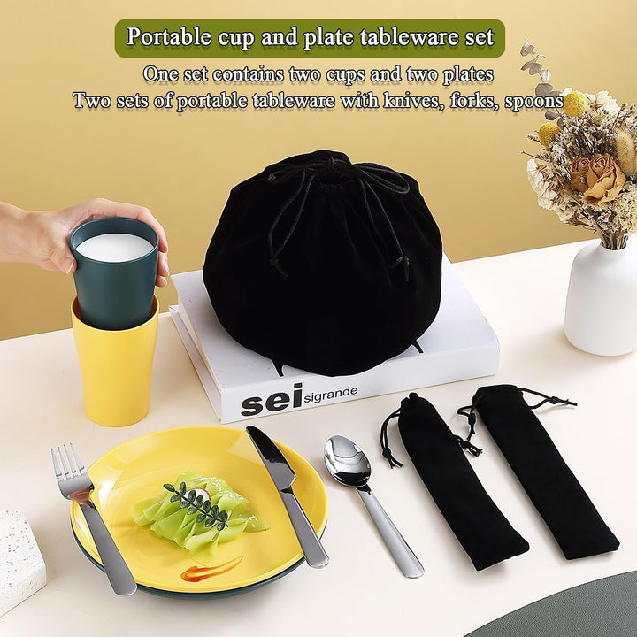 Evanda Camping Besteck Set 10 teilig, wiederverwendbarer leichter Becher, Teller und Edelstahlbestec