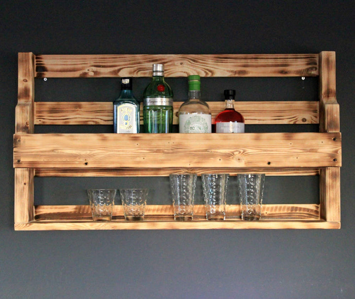 Dekorie Whisky Regal aus Holz - mit Gläserhalter - Geflammt - Industrie Stil - fertig montiert - Wan
