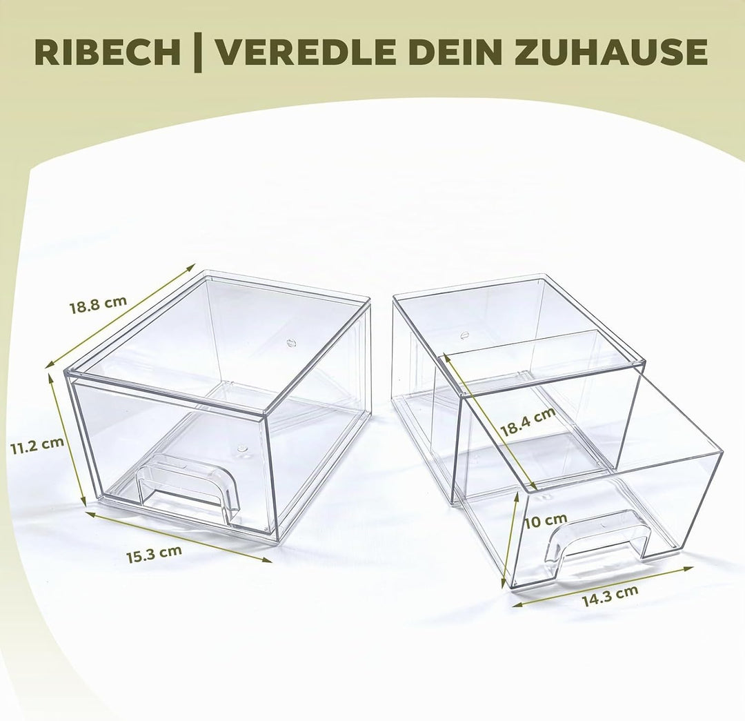4er-Set Stapelbare Aufbewahrungsschubladen aus Acryl, Transparent mit Griffen, Einfache Montage für
