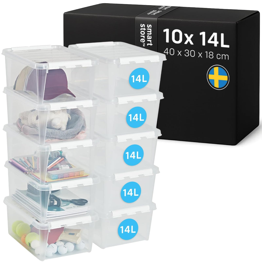 SmartStore Aufbewahrungsboxen 14L – 10 transparente und stapelbare Boxen mit Deckel und Clipverschlu