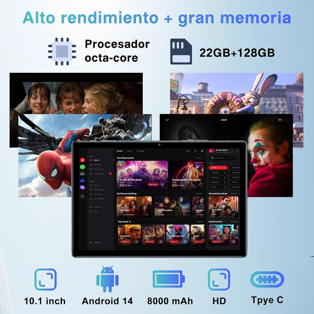 GOODTEL Newest Tablet Android 14 10 Pollici, 22 GB RAM + 128 GB ROM (2 TB TF), 8000 mAh, Octa-Core,