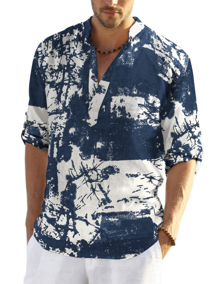 COOFANDY Herren Hemd Langarm Henley Shirt Leinenhemd Baumwolle Casual Regular Fit Sommerhemd Navy Ti