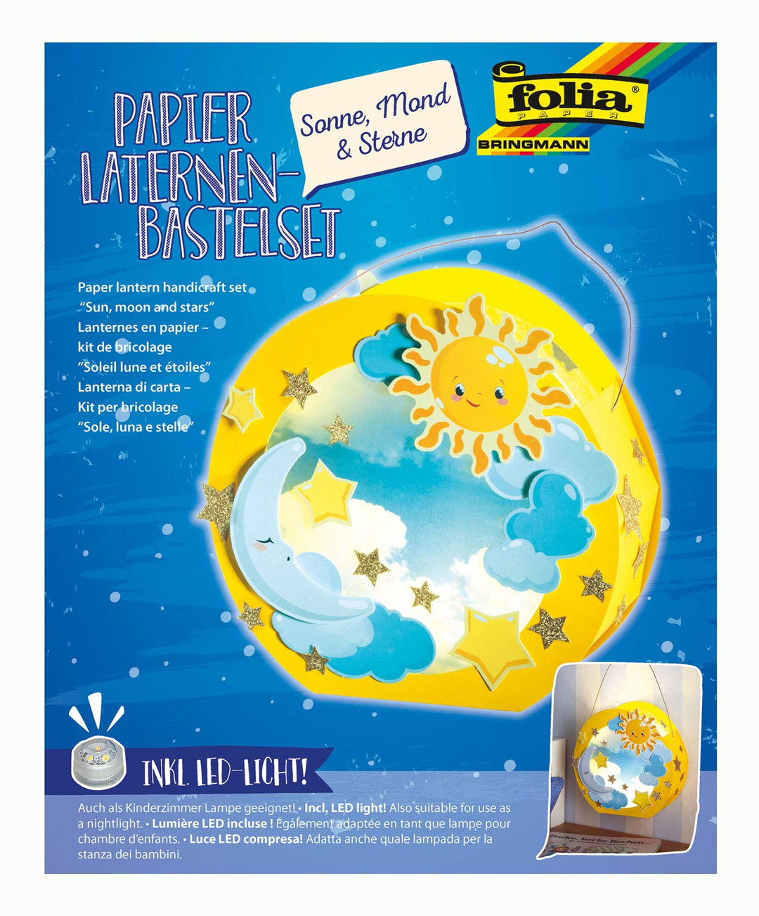 folia 68101 - Laternen - Bastelset, Sonne, Mond & Sterne, inklusive Laternenstab und LED-Licht, Sonn