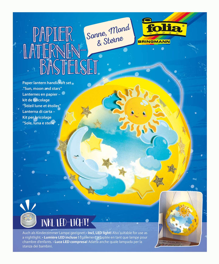 folia 68101 - Laternen - Bastelset, Sonne, Mond & Sterne, inklusive Laternenstab und LED-Licht, Sonn