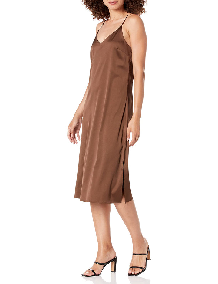 The Drop Damen Ana Silky Midi-Slip-Kleid mit V-Ausschnitt L Espresso, L Espresso