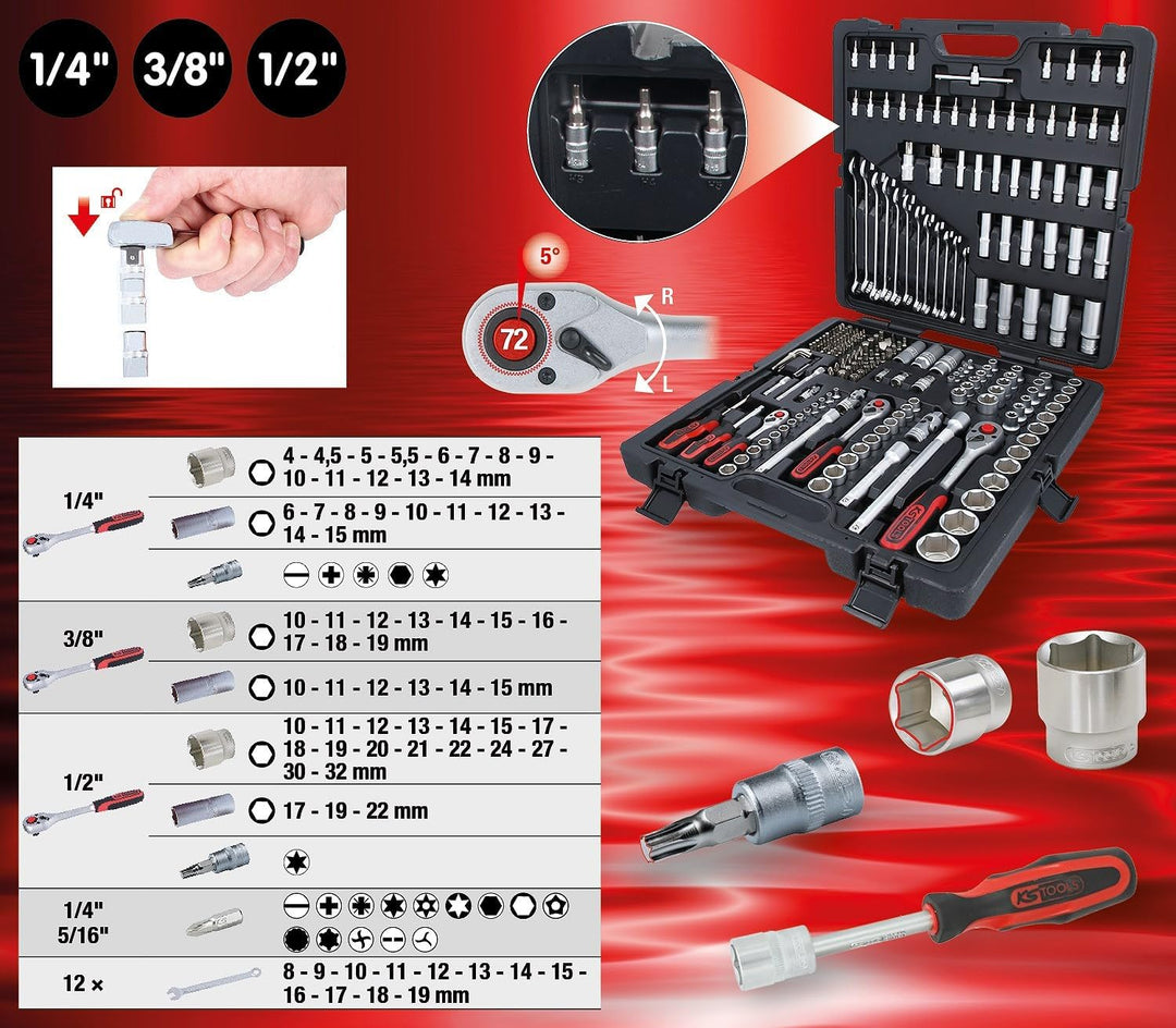 KS Tools 917.0216 1/4"+3/8"+1/2" Steckschlüssel-Satz, 216-tlg 216-tlg. Matt satiniert Single, 216-tl