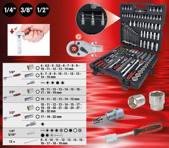 KS Tools 917.0216 1/4"+3/8"+1/2" Steckschlüssel-Satz, 216-tlg 216-tlg. Matt satiniert Single, 216-tl