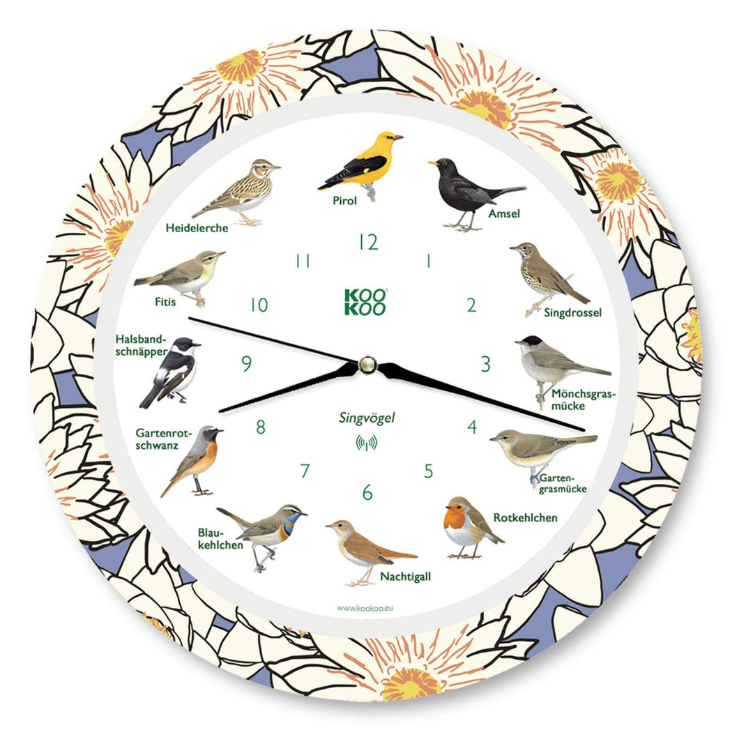 KOOKOO Singvögel Water Lily, Die Singende Vogeluhr, mit 12 heimischen Singvögeln und echten, natürli
