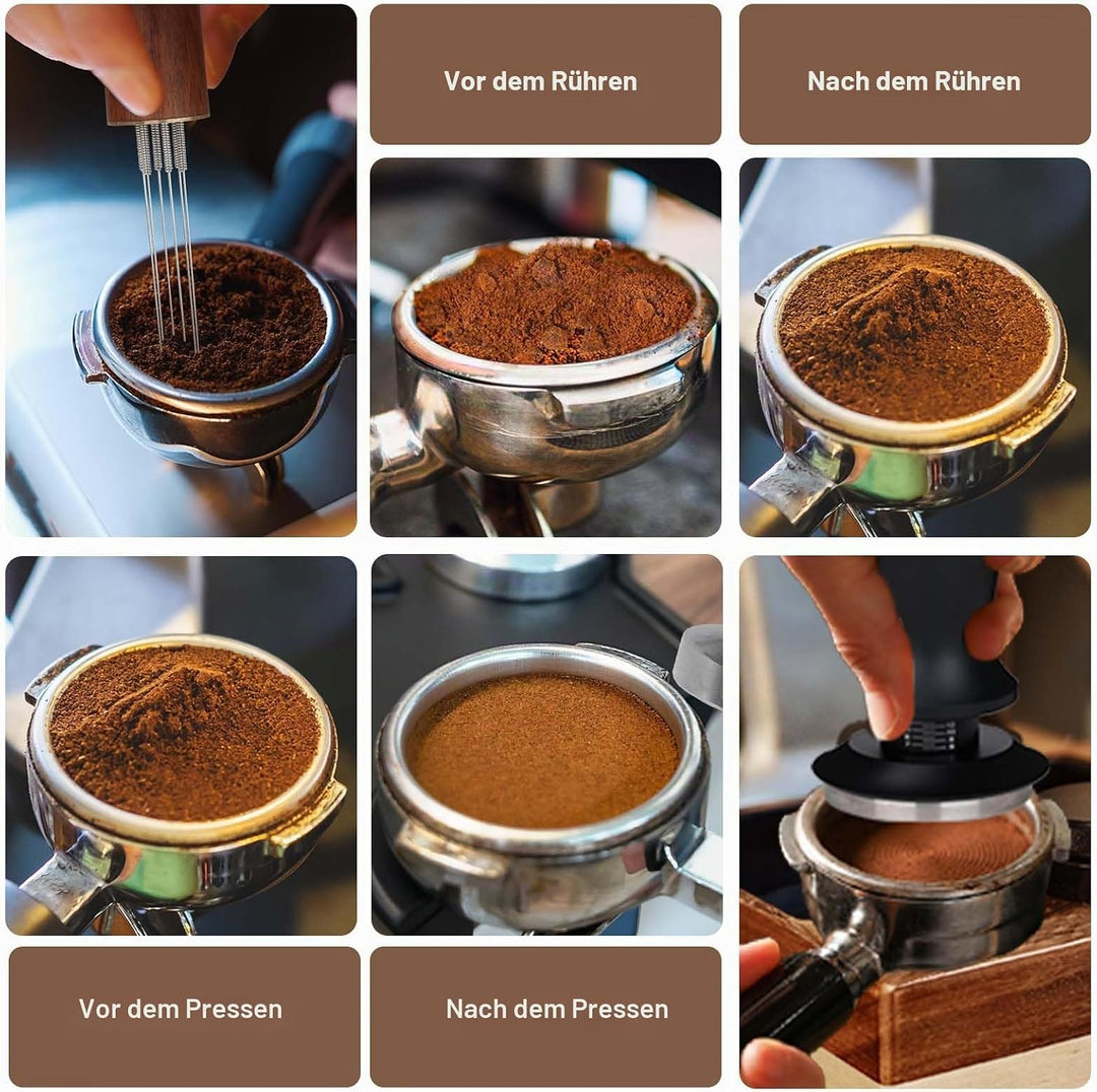 Kaffee Tamper Set: Tamper 51mm mit Holzgriff-WDT Tool mit 6 Nadel-Silikon Tampermatte, Kaffeestampfe