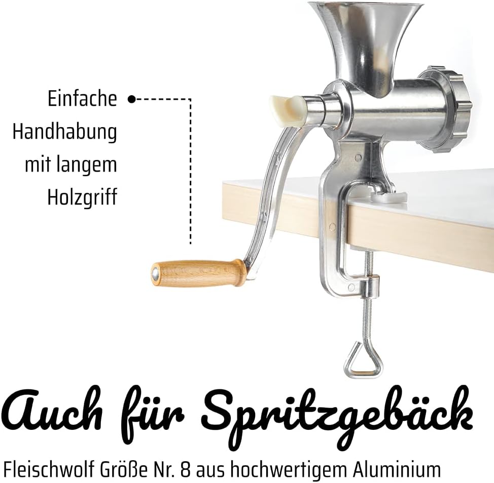 GSW 588423 Fleischwolf Aluminium Grösse Nr. 8 mit Gebäckvorsatz und Stössel,