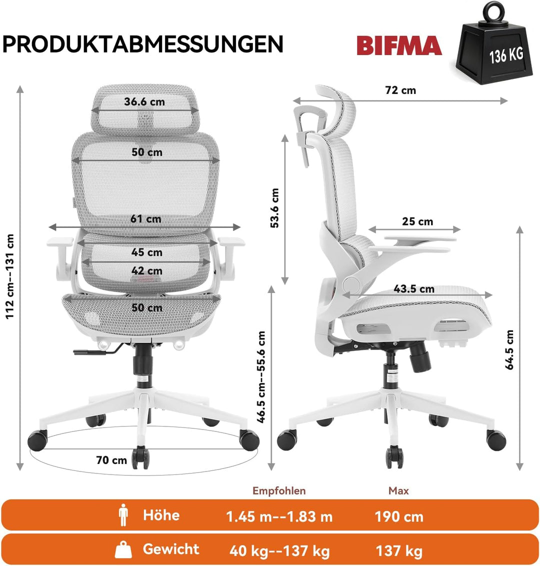 SIHOO Bürostuhl Ergonomisch, Schreibtischstuhl mit 4D Dynamischer Lordosenstütze, Breiter Kopfstütze