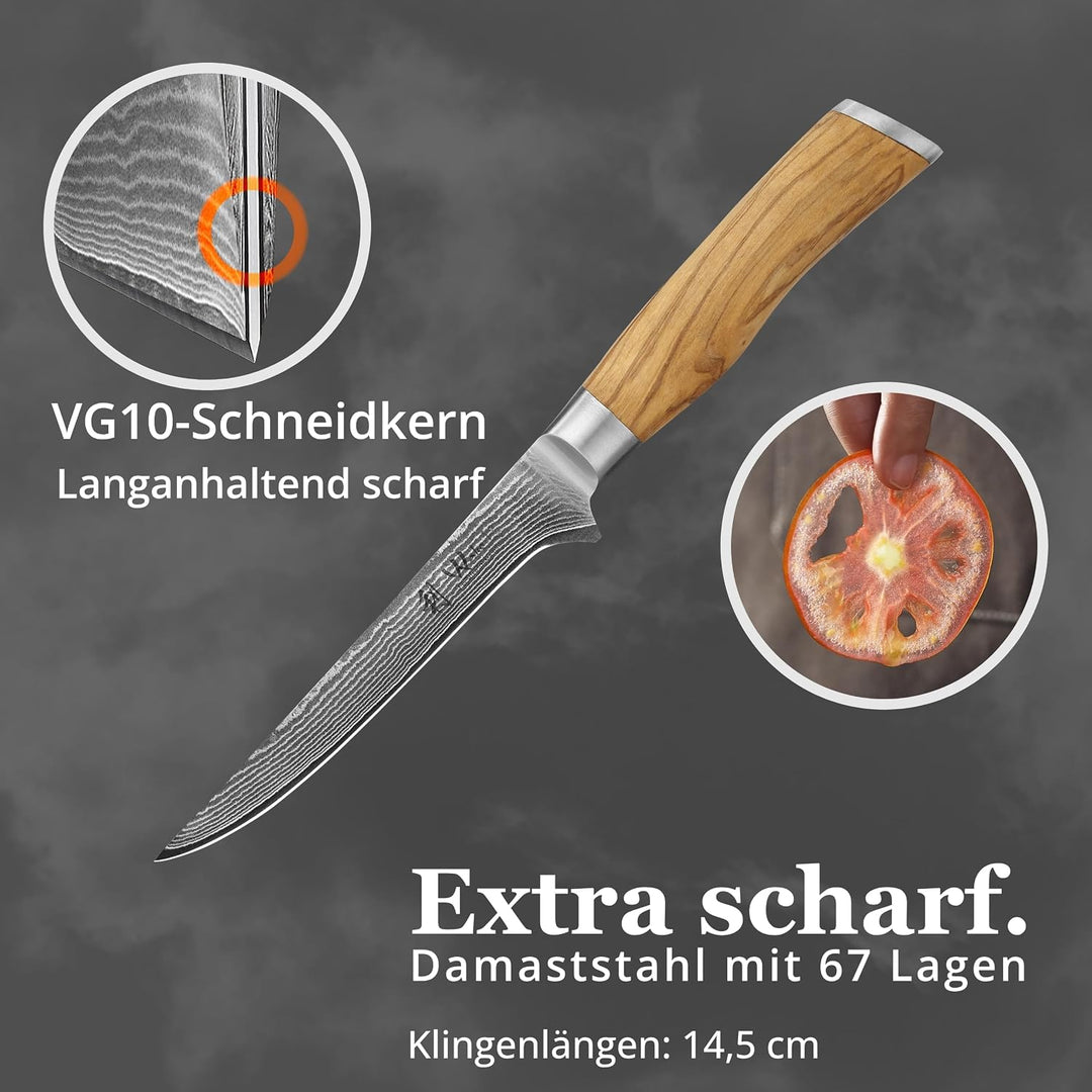 Wakoli Olive Ausbeinmesser aus echtem Damaststahl (VG10 Kern) mit 14,5 cm Klinge – Scharf und ergono