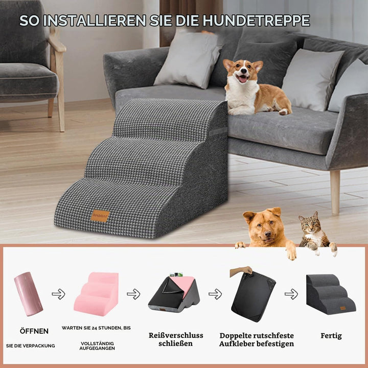 Breiter Hundetreppe 3 Stufen 40cm hoch für Kleine Hunde, Hochdichtem Schaumstoff Haustiertreppe, Was