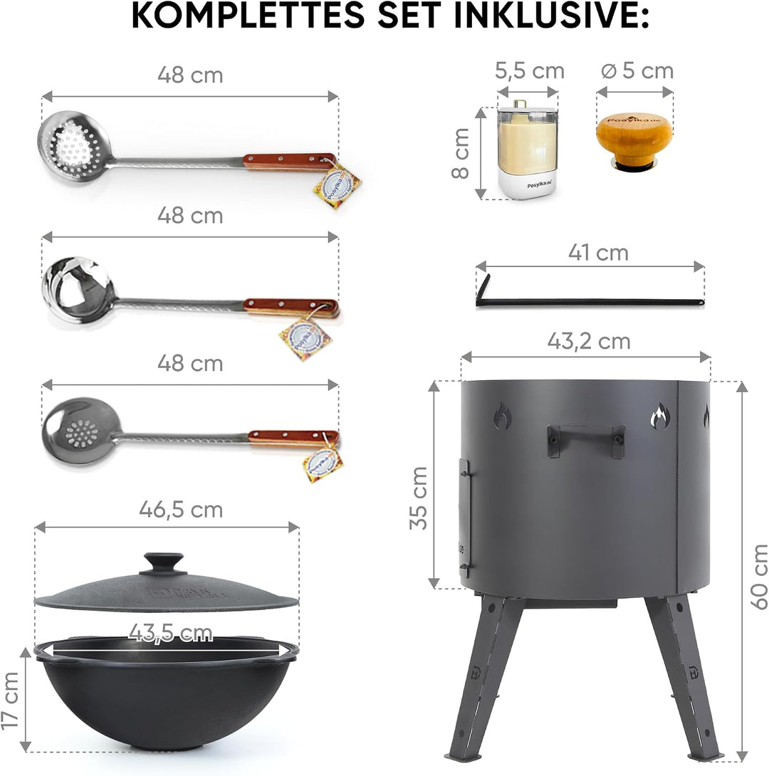 Utschak Feuerofen Ø 44cm mit Usbekisch Kazan Gusseisen 16L | 3x Schaumlöffel | Kasan-Set Flacher Bod