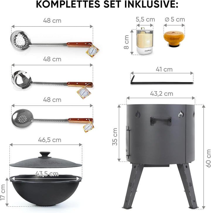 Utschak Feuerofen Ø 44cm mit Usbekisch Kazan Gusseisen 16L | 3x Schaumlöffel | Kasan-Set Flacher Bod