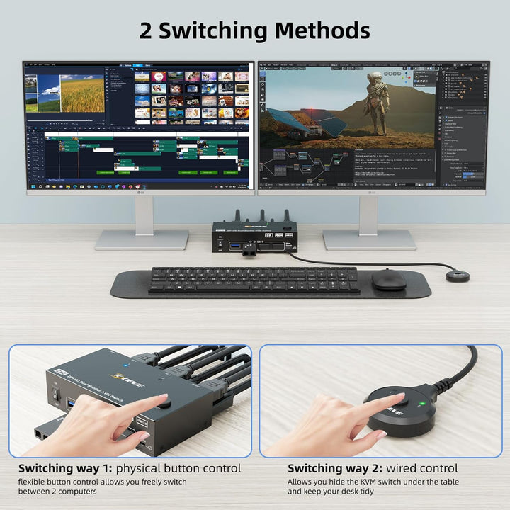 KVM Switch 2 PC 2 Monitore 8K, Displayport + HDMI USB 3.0 KVM Umschalter für zwei Monitore, Unterstü