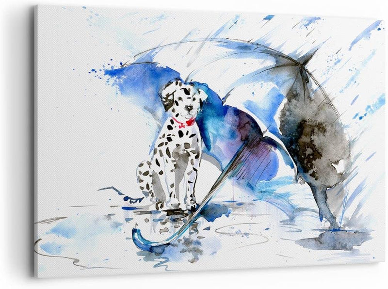 Bilder auf Leinwand 100x70cm Leinwandbild Hund Regenschirm Regen Wetter Gross Wanddeko Bild Schlafzi