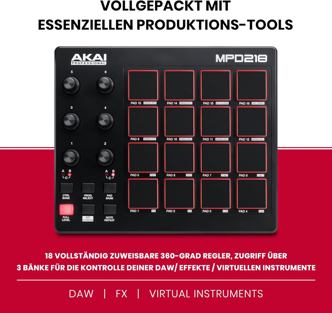 AKAI Professional MPD218 - MIDI Pad Controller, Drum Pad Machine, Beat Maker mit 16 Pads, zuweisbare
