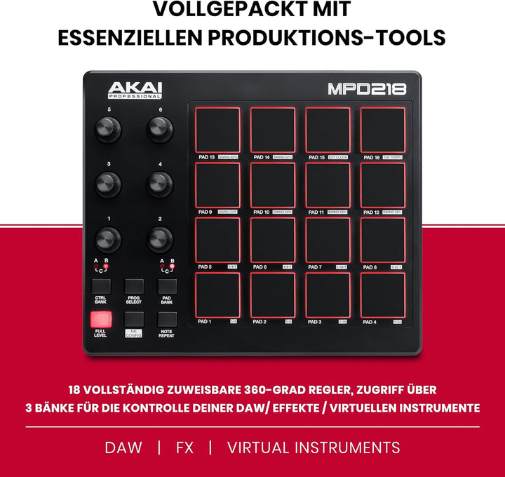 AKAI Professional MPD218 - MIDI Pad Controller, Drum Pad Machine, Beat Maker mit 16 Pads, zuweisbare