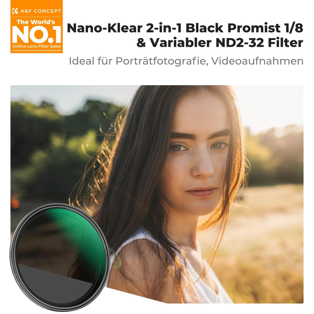 K&F CONCEPT 2-IN-1 Filter 77mm Black Mist 1/8 & ND2-ND32 Filter,Black Promist 1/8 & Variabler ND2-32