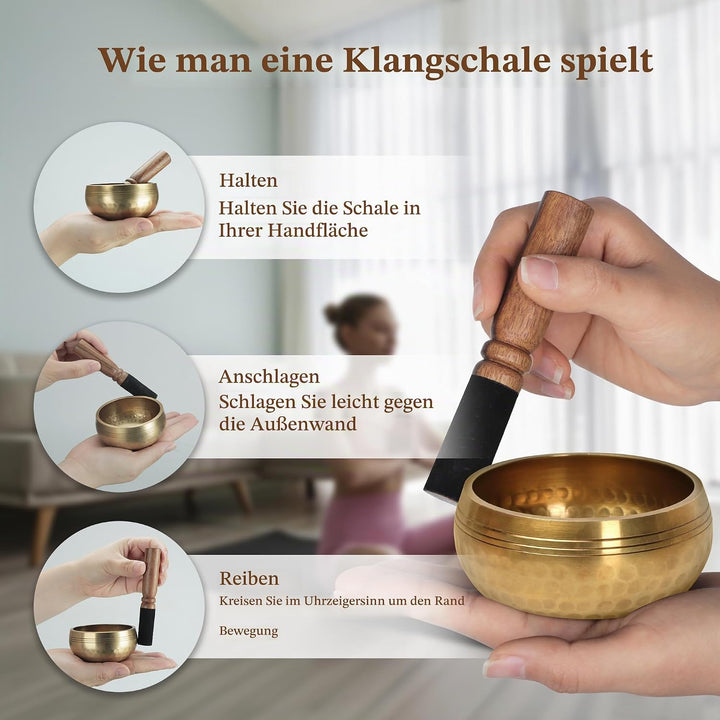 Traditionelle Klangschale 8cm mit 7 Chakra Kristallen, Handgefertigt in Nepal für Meditation und Yog