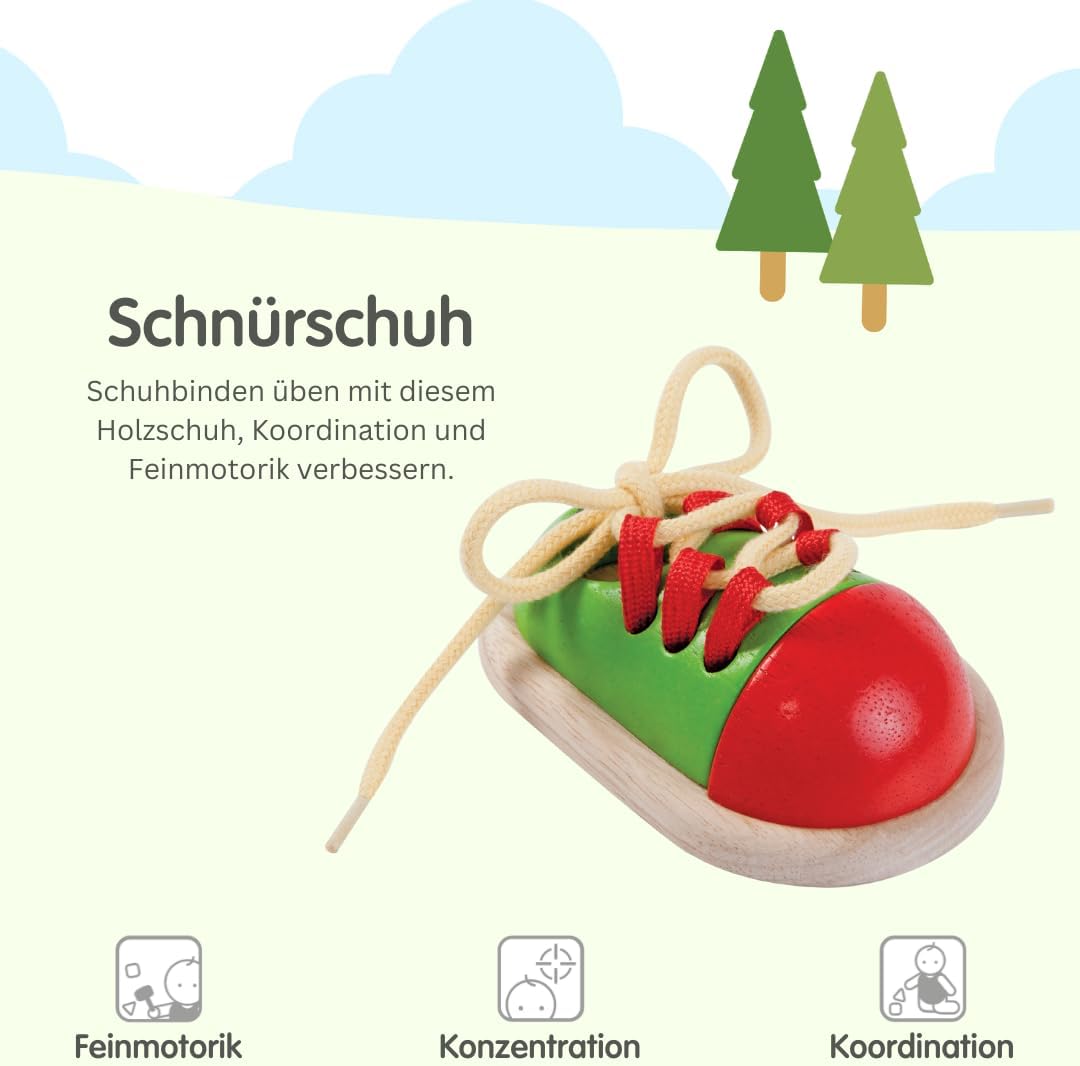 PlanToys Schnürschuh aus Holz für Kinder - Schnürsenkel Binden Lernen Kinder - Holzspielzeug zum Sch