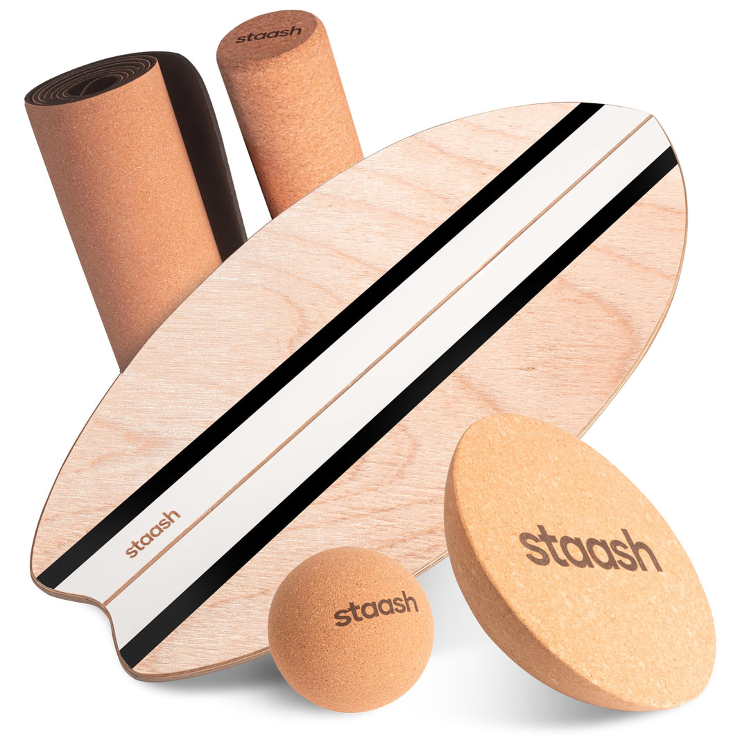STAASH® PRO Balance Board - Premium Birkenholz mit 5 Trainings-Modulen | Komplettset für Core, Balan