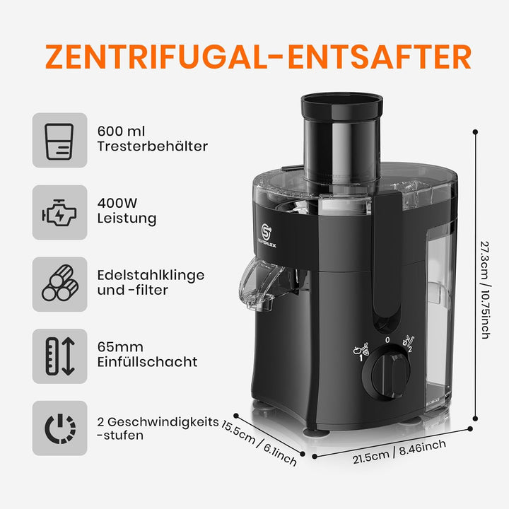 Elektrischer Entsafter 400W Zentrifugalentsafter Saftpresse Juice Mit 65mm Einfüllöffnung Und 600ML