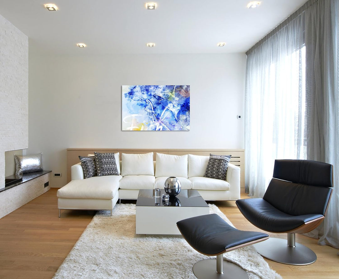 Paul Sinus Art Bild Leinwand 120x80cm Koi in Blautönen mit Kalligraphie, 120x80cm