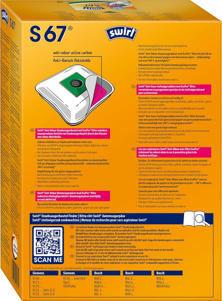 Swirl S 67 EcoPor Anti-Geruch Staubsaugerbeutel (4 Beutel), reissfeste Staubbeutel für einige Siemen