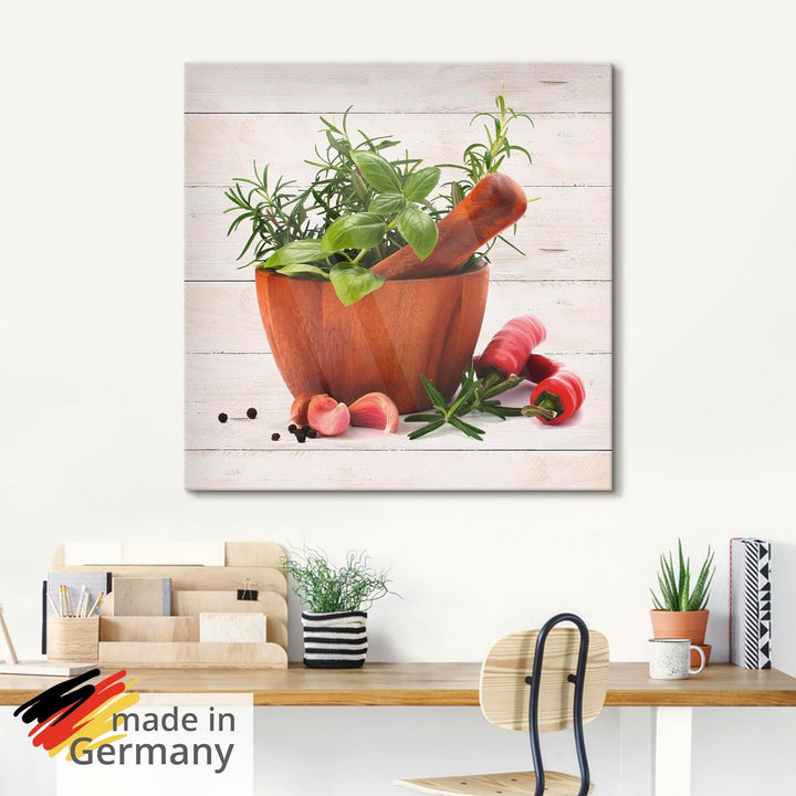 ARTland Wanddeko Glasbilder Wandbild Glas Bild einteilig Quadratisch Stillleben Kräuter Gewürze Chil