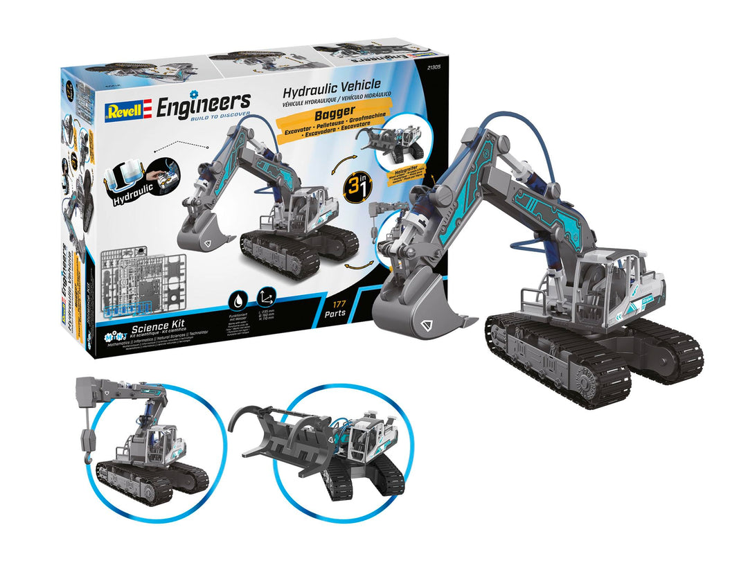 Revell 3in1 Baggerbausatz I Hydraulischer Bagger, Kran und Holzlader I 177 Teile I Mechanischer Kett