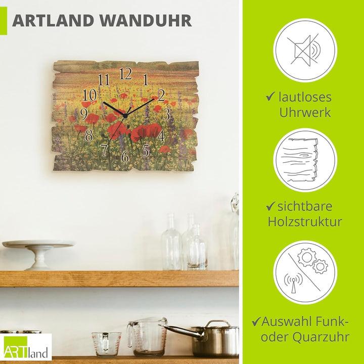 ARTLAND Wanduhr ohne Tickgeräusche aus Holz Quarz Uhr lautlos 40x30 cm Rechteckig Blumenwiese Blumen