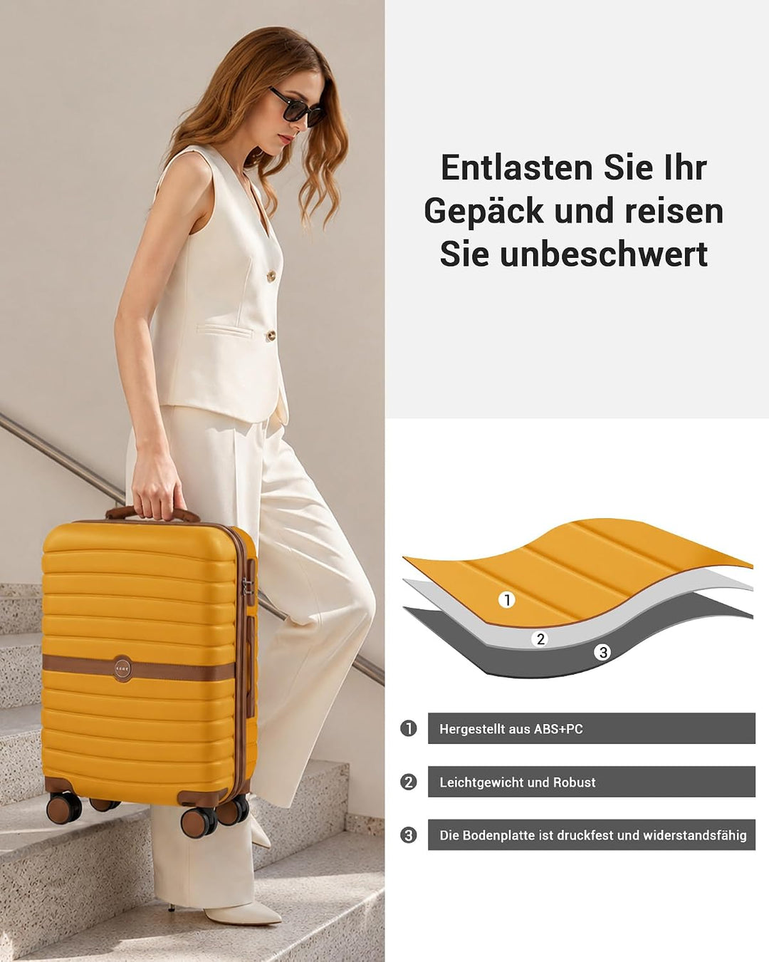 KONO Koffer Reisekoffer Trolley Handgepäck Koffer 55x40x20cm von ABS+PC Hartschalenkoffer mit Zwilli