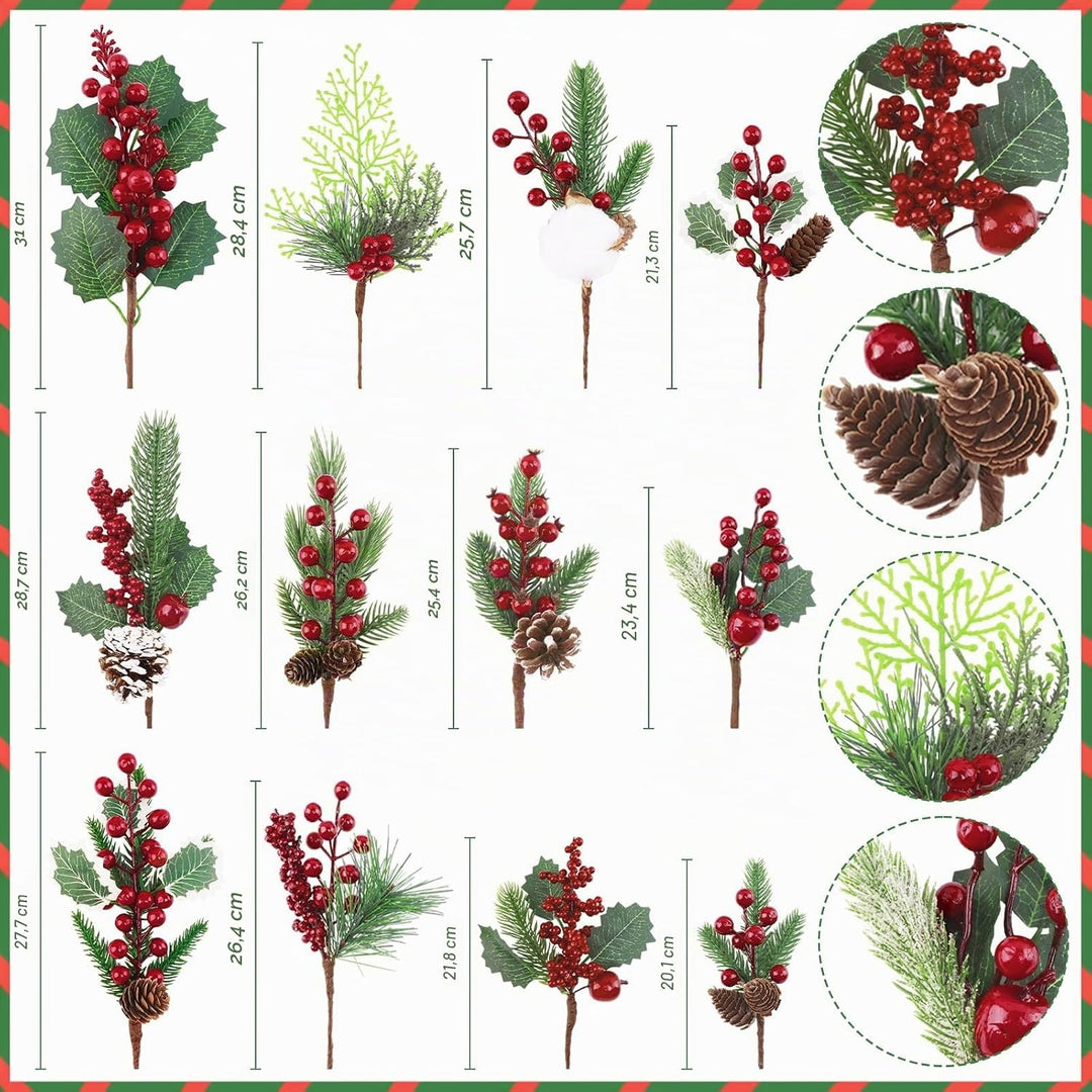 Morofme 12 Stück Künstliche Tannenzweige mit Rote Beeren Deko, Weihnachtszweige mit Tannenzapfen, Ba