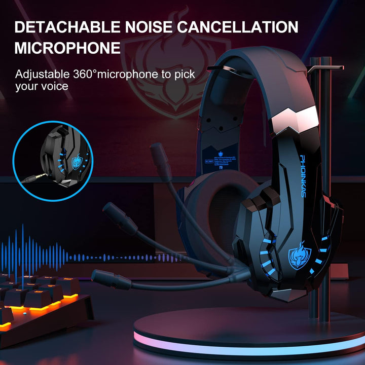PHOINIKAS Gaming Headset Wireless, Kabellose Kopfhörer, für PS4/PS5/Switch/PC, 2,4GHz-Dongle und 3,5