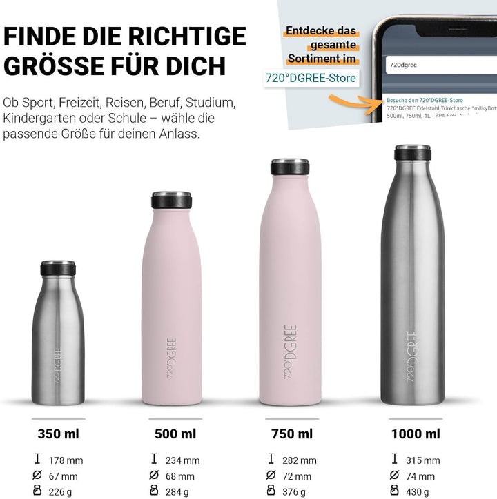 720°DGREE Edelstahl Trinkflasche “milkyBottle” - 750ml - BPA-Frei, Auslaufsicher, Kohlensäure geeign